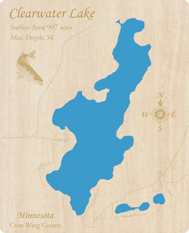 Clearwater Lake, Minnesota - Laser Cut Wood Map