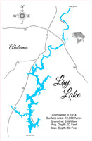 Lay Lake, Alabama - Laser Cut Wood Map
